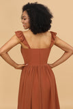 Terracotta Chiffon A-Line Floor Length Bridesmaid Dress With Ruffles Formal Evening Gowns