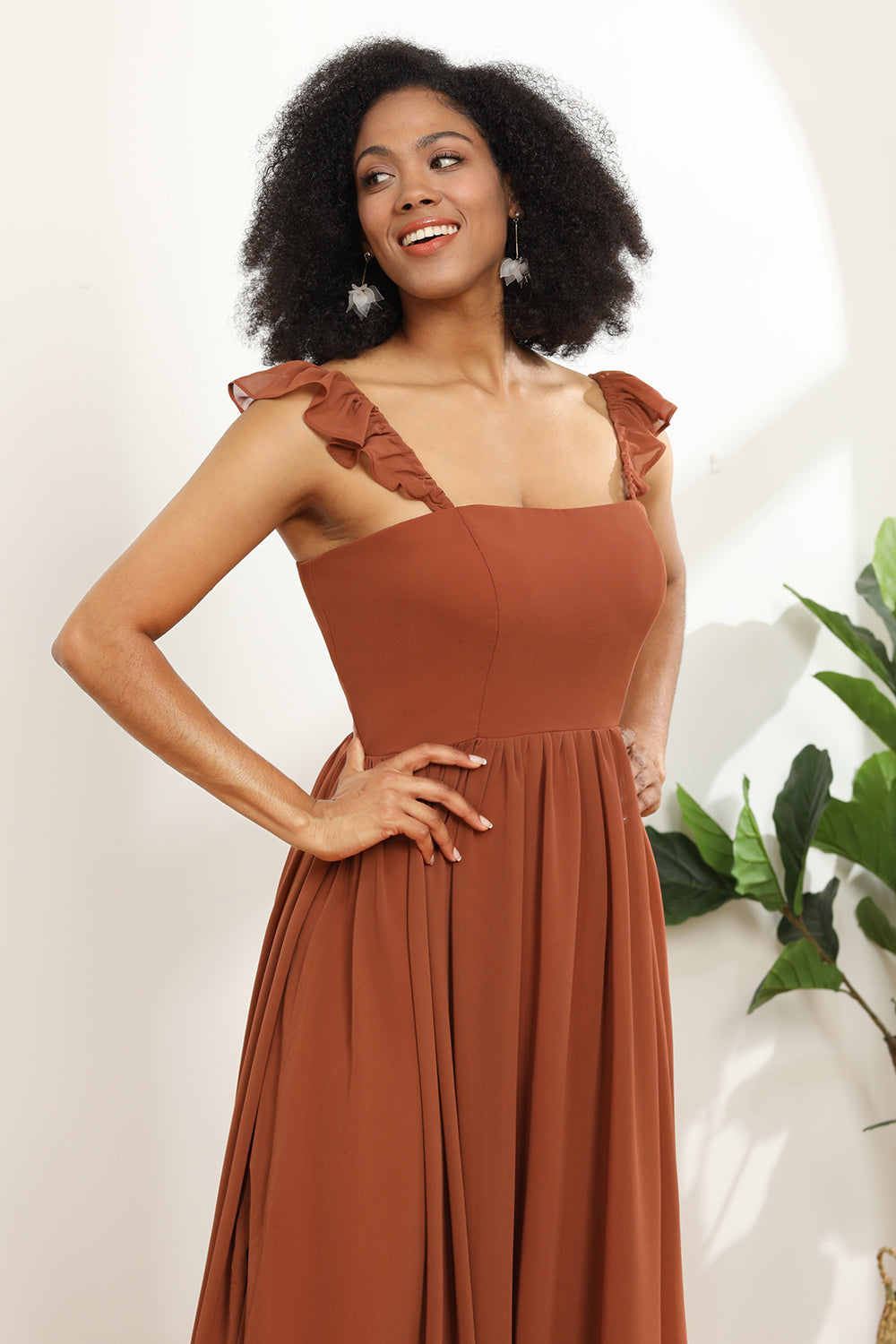 Terracotta Chiffon A-Line Floor Length Bridesmaid Dress With Ruffles Formal Evening Gowns