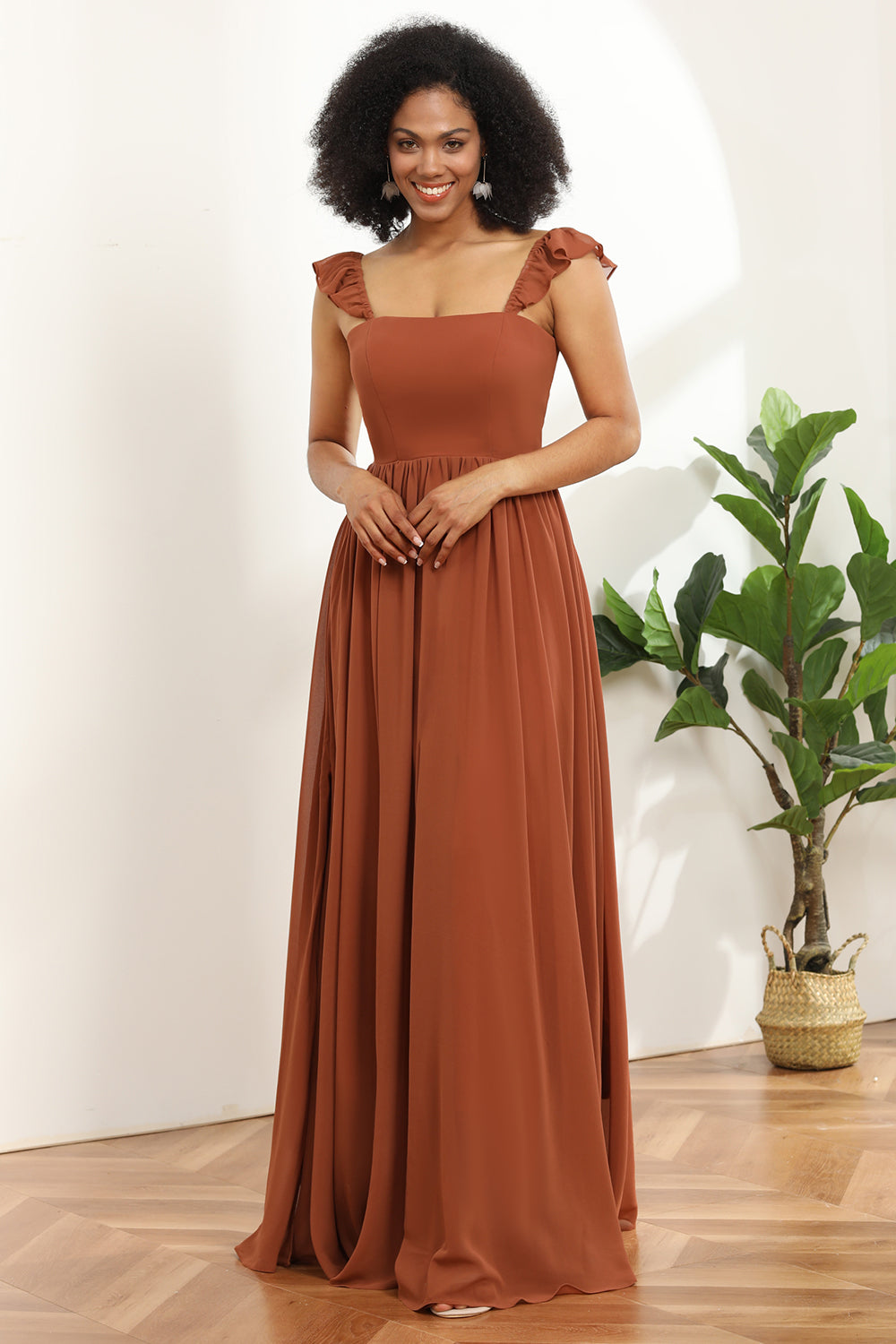 Terracotta Chiffon A-Line Floor Length Bridesmaid Dress With Ruffles Formal Evening Gowns