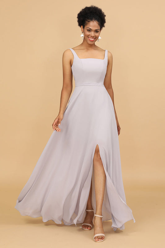 Vestido de dama de honor de gasa con escote cuadrado gris, vestidos de noche formales