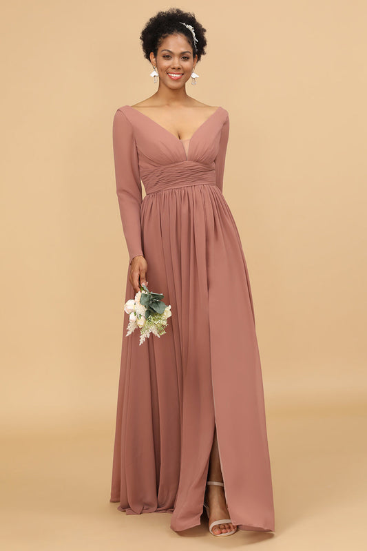 Vestido de dama de honor con escote en V y mangas largas color ruborizado, vestidos para madre de la novia, vestidos de noche