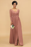 Blush V-Neck Long Sleeves Bridesmaid Dress Mother of the Bride Dresses Evening Gowns