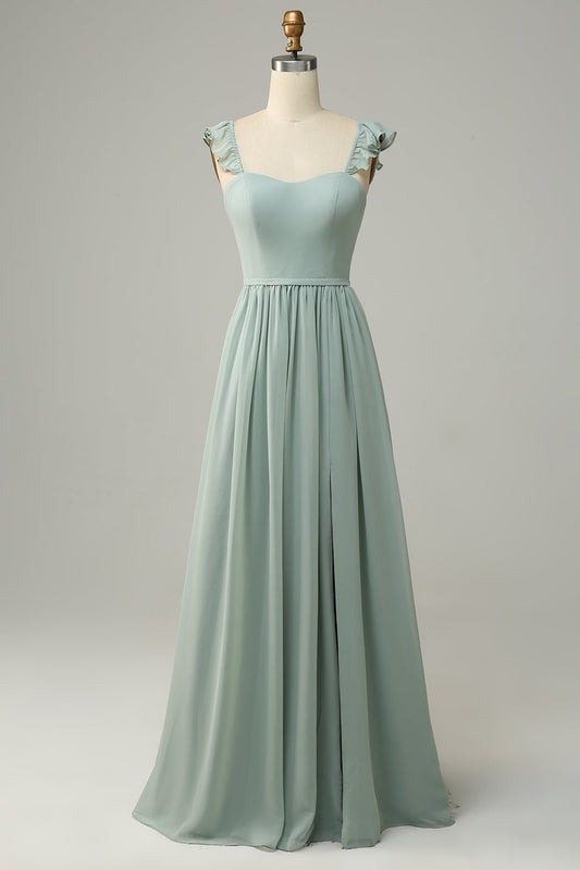Vestido de dama de honor con volantes en color salvia polvoriento, corte A, vestidos de noche formales