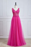 Fuchsia Tiefer V-Ausschnitt Blumenmuster A-Linie Langes Ballkleid Partykleid Abendkleid