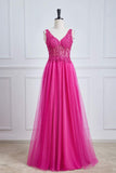 Fuchsia Tiefer V-Ausschnitt Blumenmuster A-Linie Langes Ballkleid Partykleid Abendkleid