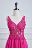 Fuchsia Tiefer V-Ausschnitt Blumenmuster A-Linie Langes Ballkleid Partykleid Abendkleid
