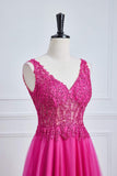 Fuchsia Tiefer V-Ausschnitt Blumenmuster A-Linie Langes Ballkleid Partykleid Abendkleid