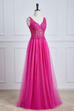Fuchsia Tiefer V-Ausschnitt Blumenmuster A-Linie Langes Ballkleid Partykleid Abendkleid