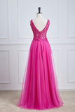 Fuchsia Tiefer V-Ausschnitt Blumenmuster A-Linie Langes Ballkleid Partykleid Abendkleid