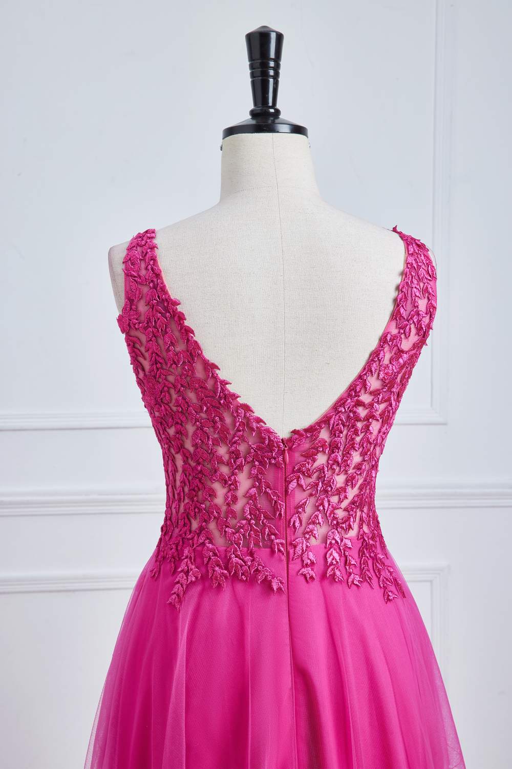 Fuchsia Tiefer V-Ausschnitt Blumenmuster A-Linie Langes Ballkleid Partykleid Abendkleid