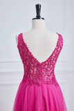 Fuchsia Tiefer V-Ausschnitt Blumenmuster A-Linie Langes Ballkleid Partykleid Abendkleid