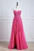 Heißes rosa trägerloses A-Linien-Blumenkleid, langes Ballkleid mit Schlitz