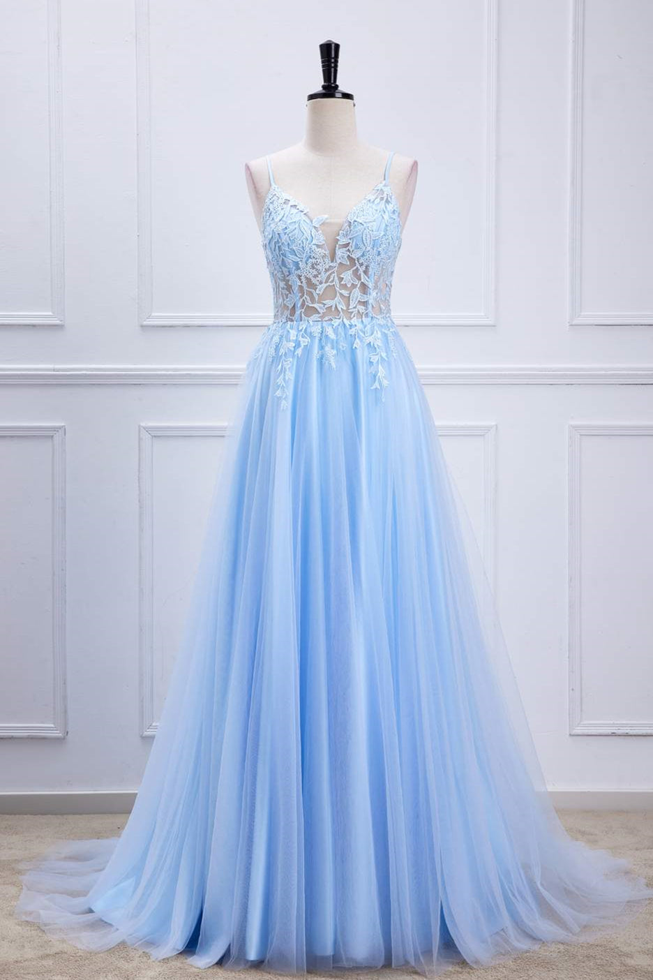 Light Blue Lace-Up Appliques A-line Long Prom Party Dress Formal Evening Ball Gowns