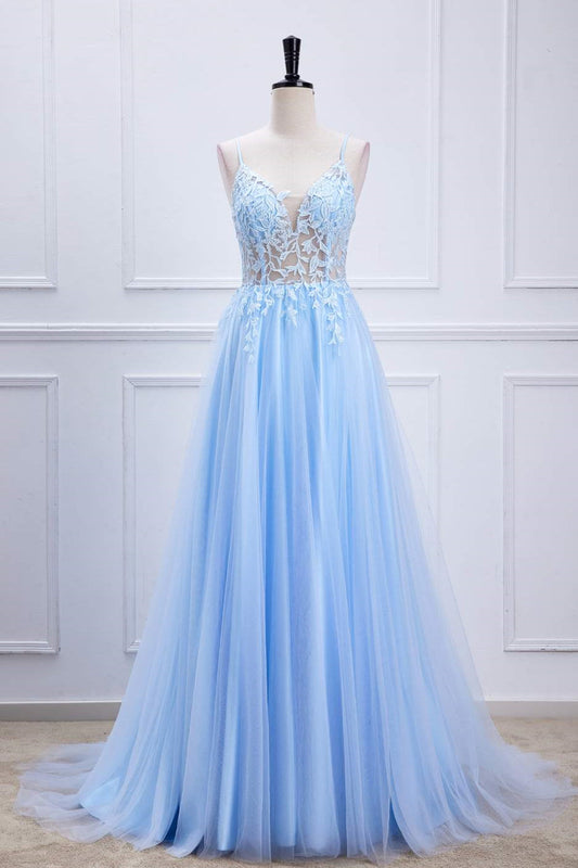Hellblaues A-Linien-Kleid mit Schnürung und Applikationen, langes Ballkleid