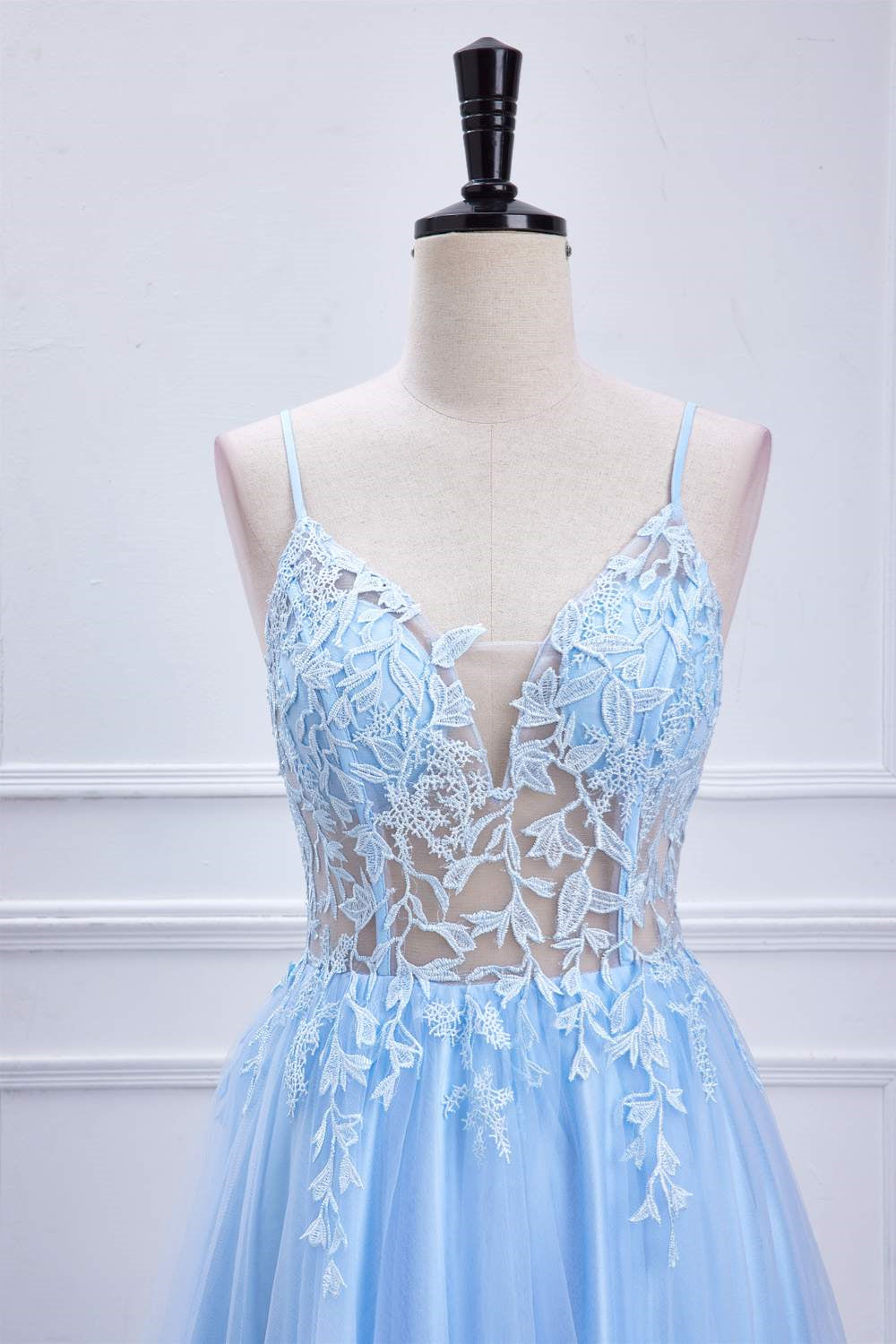 Light Blue Lace-Up Appliques A-line Long Prom Party Dress Formal Evening Ball Gowns