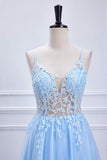 Light Blue Lace-Up Appliques A-line Long Prom Party Dress Formal Evening Ball Gowns