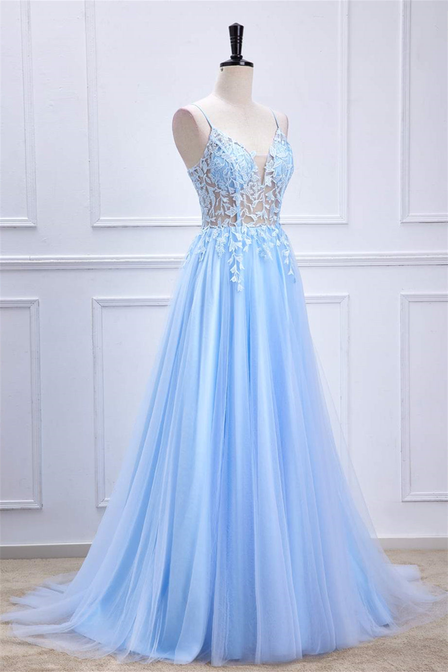 Light Blue Lace-Up Appliques A-line Long Prom Party Dress Formal Evening Ball Gowns