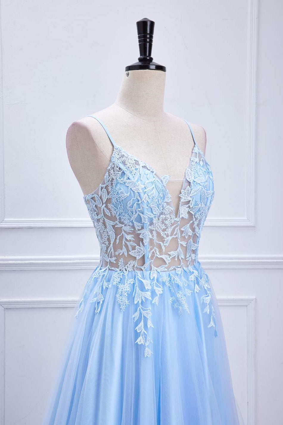 Light Blue Lace-Up Appliques A-line Long Prom Party Dress Formal Evening Ball Gowns