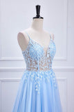 Light Blue Lace-Up Appliques A-line Long Prom Party Dress Formal Evening Ball Gowns