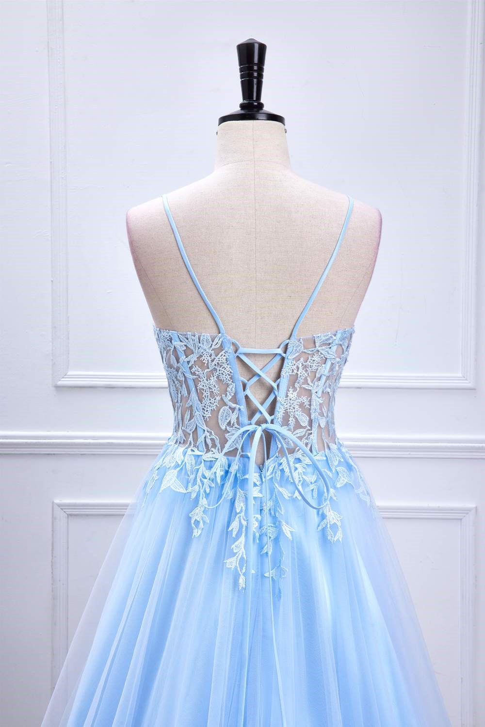 Light Blue Lace-Up Appliques A-line Long Prom Party Dress Formal Evening Ball Gowns