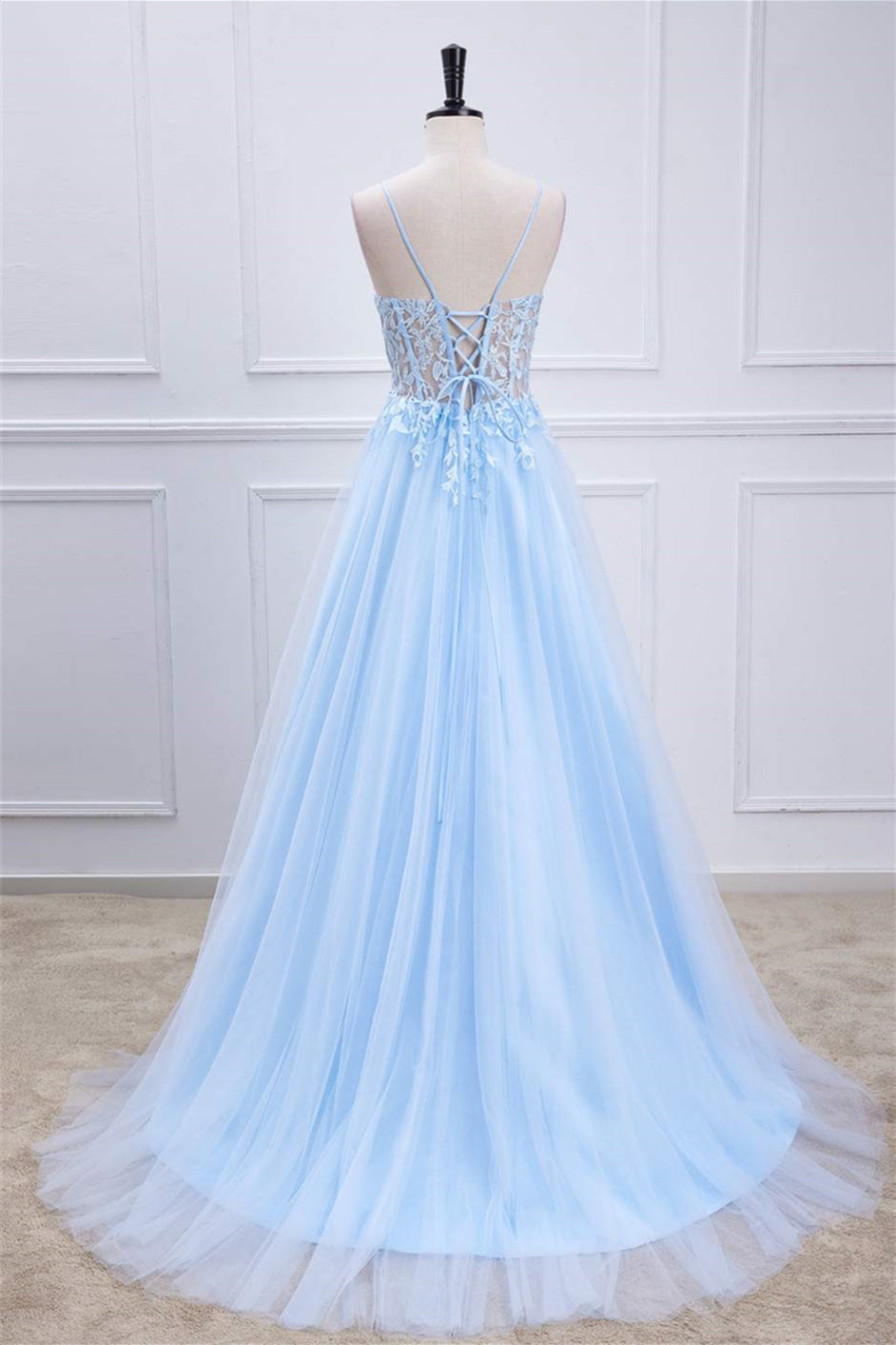 Light Blue Lace-Up Appliques A-line Long Prom Party Dress Formal Evening Ball Gowns