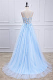 Light Blue Lace-Up Appliques A-line Long Prom Party Dress Formal Evening Ball Gowns