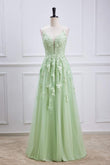 Sage Green Plunging V Neck Lace-Up Appliques Long Prom Party Dress Formal Evening Gowns