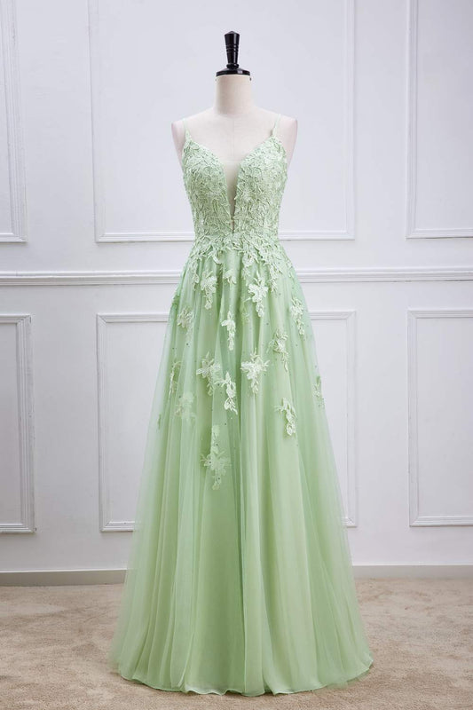 Salbeigrünes tiefes V-Ausschnitt-Spitzenapplikationen-langes Ball-Partykleid-formelles Abendkleid