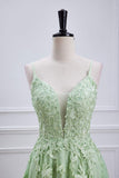 Sage Green Plunging V Neck Lace-Up Appliques Long Prom Party Dress Formal Evening Gowns