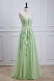 Sage Green Plunging V Neck Lace-Up Appliques Long Prom Party Dress Formal Evening Gowns