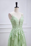 Sage Green Plunging V Neck Lace-Up Appliques Long Prom Party Dress Formal Evening Gowns