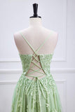 Sage Green Plunging V Neck Lace-Up Appliques Long Prom Party Dress Formal Evening Gowns