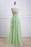Sage Green Plunging V Neck Lace-Up Appliques Long Prom Party Dress Formal Evening Gowns