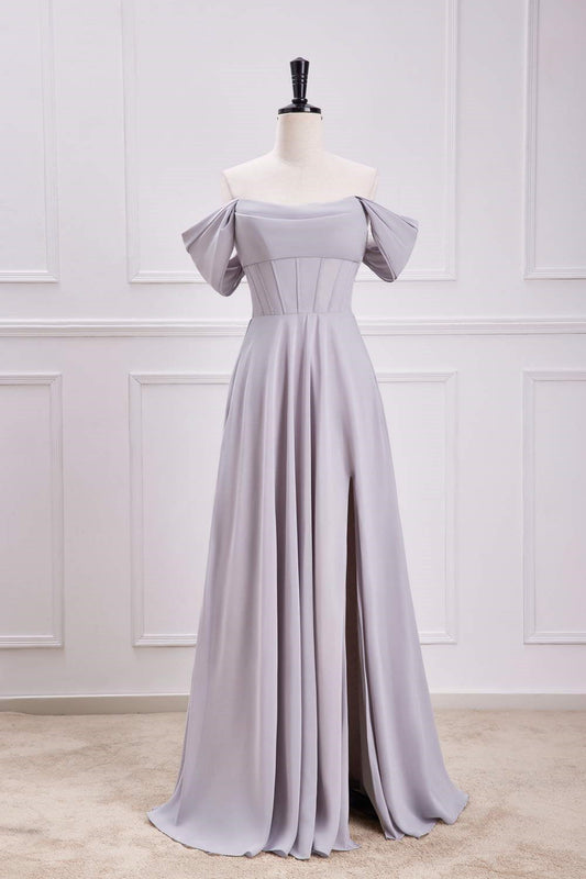 Graues schulterfreies A-Linien-Chiffon-Brautjungfernkleid mit Schlitz, langes Ball- und Abendkleid