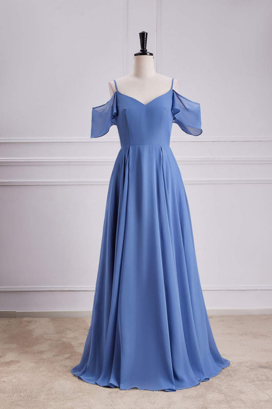Blue Cold Shoulder A-line Long Bridesmaid Dress Formal Evening Prom Dresses Gowns