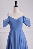 Blue Cold Shoulder A-line Long Bridesmaid Dress Formal Evening Prom Dresses Gowns