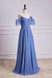 Blue Cold Shoulder A-line Long Bridesmaid Dress Formal Evening Prom Dresses Gowns