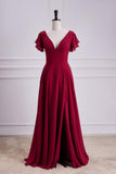 Rotes, langes Brautjungfernkleid in A-Linie mit ausgestellten Ärmeln, V-Ausschnitt und Schlitz 