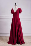 Rotes, langes Brautjungfernkleid in A-Linie mit ausgestellten Ärmeln, V-Ausschnitt und Schlitz 