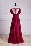 Rotes, langes Brautjungfernkleid in A-Linie mit ausgestellten Ärmeln, V-Ausschnitt und Schlitz 