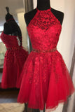 Weinrotes Spitzenkleid mit Neckholder-Ausschnitt, Kurzes Abschlusskleid, Winterkleid, Festzugstanzkleider, Back to School Partykleid, KB0676 