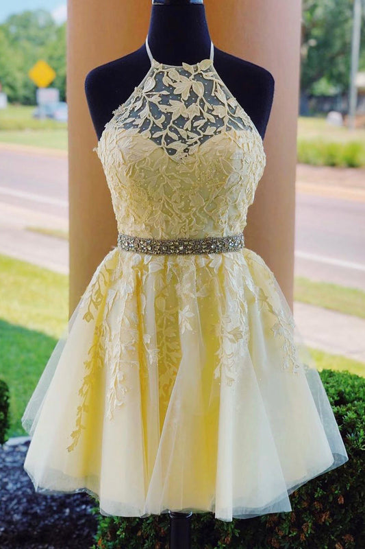 Spitzenkleid mit Neckholder-Ausschnitt, Kurzes Abschlussballkleid, Winterkleid, Festzugstanzkleider, Back to School Partykleid, KB0675 