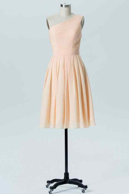 Pearl Pink A-line One Shoulder Pleated Chiffon Mini Junior Bridesmaid Dress Party Prom Gowns