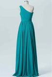 Jade A-line One Shoulder Pleated Chiffon Hi-low Bridesmaid Dress Prom Evening Gowns