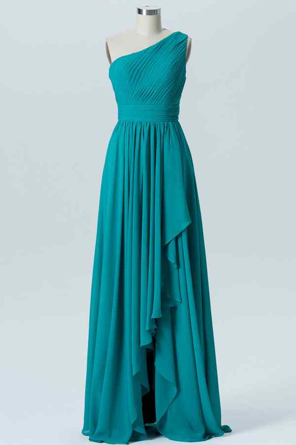 Jade A-line One Shoulder Pleated Chiffon Hi-low Bridesmaid Dress Prom Evening Gowns