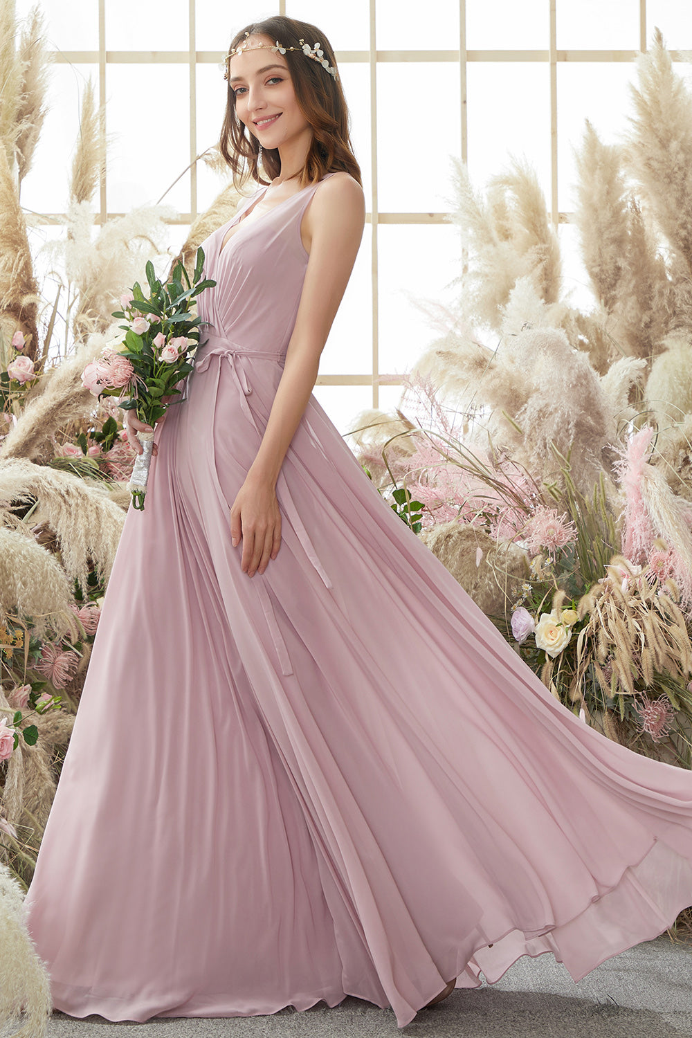 Blush V Neck Long Chiffon Bridesmaid Dress Formal Evening Dresses Prom Party Gowns