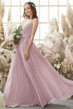 Blush V Neck Long Chiffon Bridesmaid Dress Formal Evening Dresses Prom Party Gowns