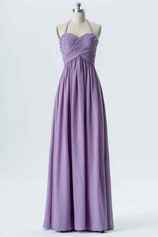Lavendel A-Linie Fliege Rücken Plissee Chiffon Langes Brautjungfernkleid Abschlussball Abendkleider 
