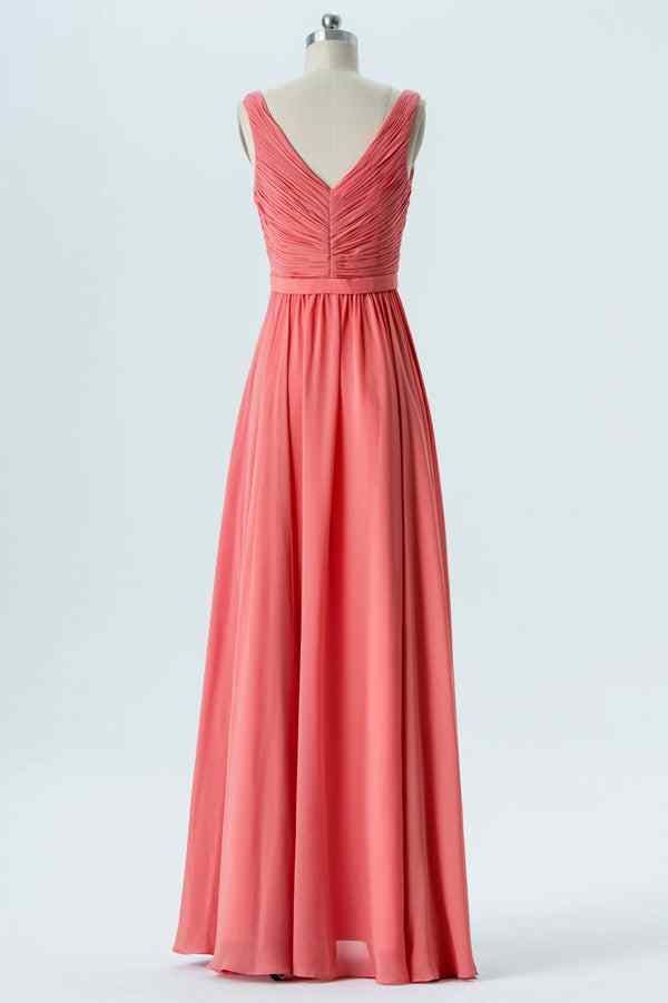 Watermelon A-line V Neck Chiffon Pleated Ruffle Long Bridesmaid Dress Prom Evening Gowns