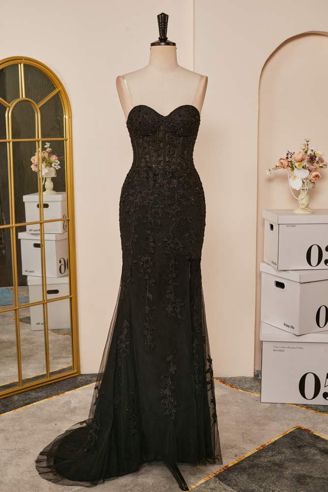 Schwarzes Meerjungfrau-Kleid, trägerlos, mit Applikationen, langes Ball- und Partykleid mit Schlitz, formelle Abendkleider